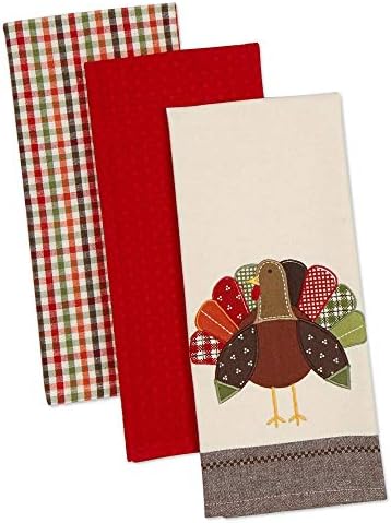 DII Thanksgiving Fall Kitchen Towels Collection Decorative Embellished Dish Towel Set, 18x28", Turkey, 3 Count by DII