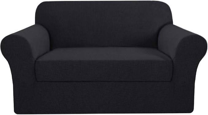 H.VERSAILTEX Loveseat Cover 2 Piece Furniture Protector Sofa Cover for Love Seat Fit Lovesat Width Up to 70 Inch, Durable Spandex Stretch Fabric Slipcover Suit for T/Box Cushion- Loveseat, Black