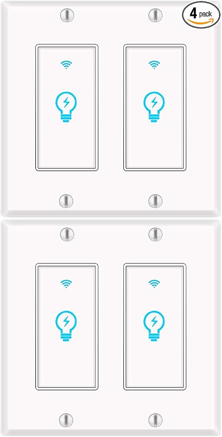 Smart Light Switch, Alexa Smart Double Switch, Smart Light Switch 2 Gang with Timing Schedule and Remote Control, Neutral Wire Needed, Compatible with Alexa and Google Home, Single Pole (4Pack)
