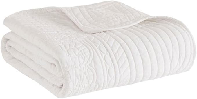 Madison Park Luxe Damask Stitching Throw Blanket, 60"x72" | Cotton Filled Spread, Ultra Soft, Cozy Bedding for Living Room Couch, Sofa, Bed, Scalloped Borders, White