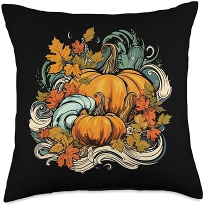 Pumpkins Fall Season Autumn Leaves Thanksgiving Vintage Throw Pillow by Unknown
