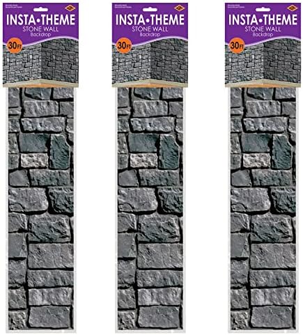 Beistle Stone Wall Backdrop 3-Count – Extra Large 4' x 30' Plastic Medieval Wall Decorations for Halloween Parties, Castle-Themed Events, Haunted Houses, Fantasy Photo Backgrounds