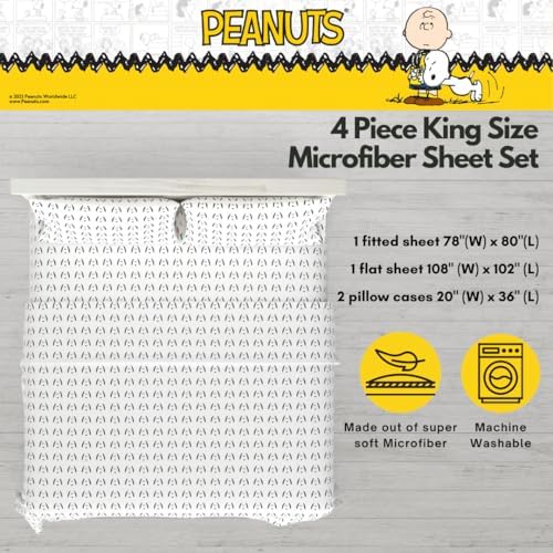 Peanuts Snoopy Bedding Super Soft Cozy Microfiber 4 Piece King Sheet Set, (Officially Licensed Product) By Franco