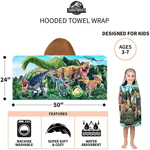 Jurassic World Dominion Soft Bath/Pool/Beach Cotton Terry Hooded Towel Wrap, 24 Inches x 50 Inches, By Franco Kids