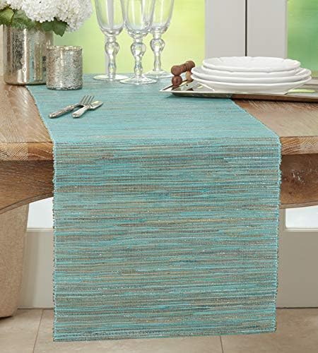 SARO LIFESTYLE Shimmering Woven Nubby Table Runner - Textured Water Hyacinth Table Runner with Sparkling Metallic Threads for Dining Tables, Everyday Entertaining and Home Décor, 14"x108", Turquoise - Image 4