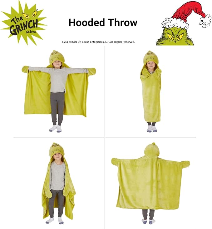 Grinch by Dr. Seuss Hooded Throw - Kids Christmas Bedding Super Soft Throw Blanket - 30 in x 50 in, (Officially Licensed Product) by Franco
