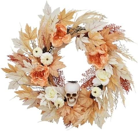 Takywep Pre-Lit 22 Inch Halloween Wreath for Front Door with 20 LED Lights, Skull Wreath with White Pumpkins Maple Leaves, Halloween Fall Thanksgiving Decor for Indoor Outdoor - Image 7