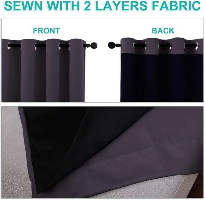 NICETOWN Blackout Curtains 80 inches Long, 2 Pieces, 42" Wide Each Panel, Greyish Purple, Full Light Blocking Drapes with Black Liner for Nursery, Thermal Insulated Draperies for Hall, Villa