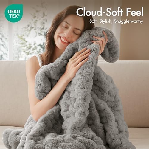 Madison Park Ruched Fur Throw Faux Fur Blanket for Sofa, 50" x 60", Grey | Luxury, Premium, Soft Cozy Brushed Long Pile, All Season Plush Modern OEKO- TEX Certification Warm For Bed, Couch or Sofa