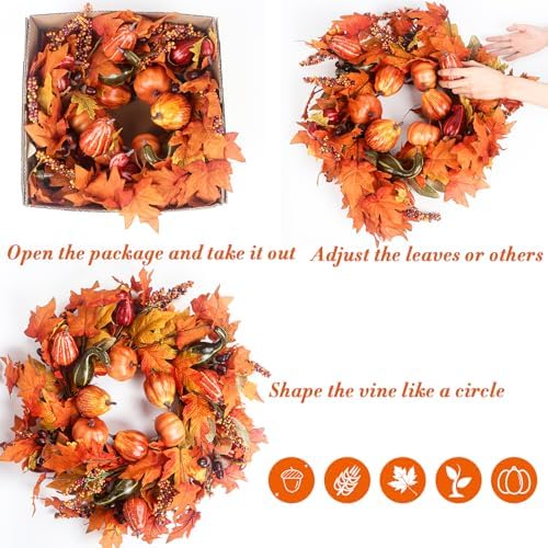 24 Inch Fall Wreath for Front Door Outside, Fall Door Wreaths for Front Door Outside with Pumpkin, Maple, Acorn and Grain, Artificial Autumn Wreaths for Harvest Halloween Thanksgiving Décor - Image 4