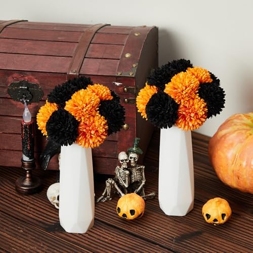 Takywep 20 Pcs Faux Chrysanthemum Set, Black Orange Fall Flowers + 2 White Vases, Table Decor for Gothic Wedding, Christmas & Halloween - Image 7