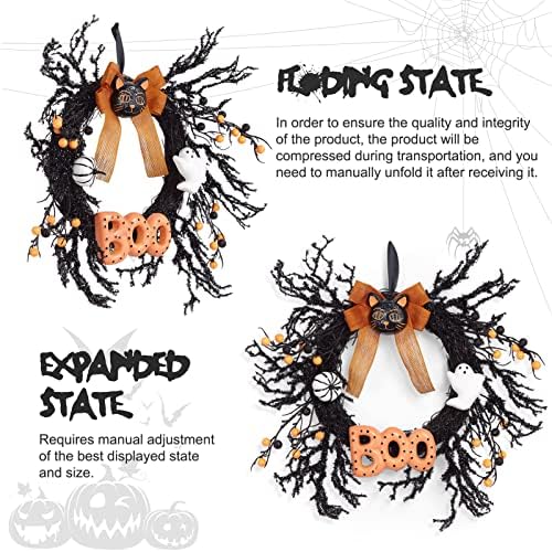 Takywep 18 Inch Halloween Wreath with Black Cat Ghost Pumpkin and Boo Sign, Spooky Halloween Door Decoration for Front Door Porch Wall Mantel Indoor Outdoor Party - Image 6