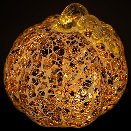 Boston International Handblown Glass Pumpkin with LED Light Thanksgiving Halloween Decorations for Home, Small, Mosaic - Image 2