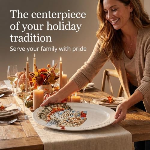 Mud Pie Turkey Platter, Large Thanksgiving Serving Platter, White Ceramic - Image 3