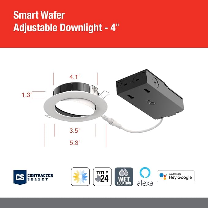 Juno WF4C ADJ TUWH MW M6 Smart LED Wafer Downlight, 2700K-5000K Tunable White, Dimmable, Zigbee or Bluetooth Connection, Use with Alexa, Google Home, SmartThings, Adjustable, 4 Inch, Matte White