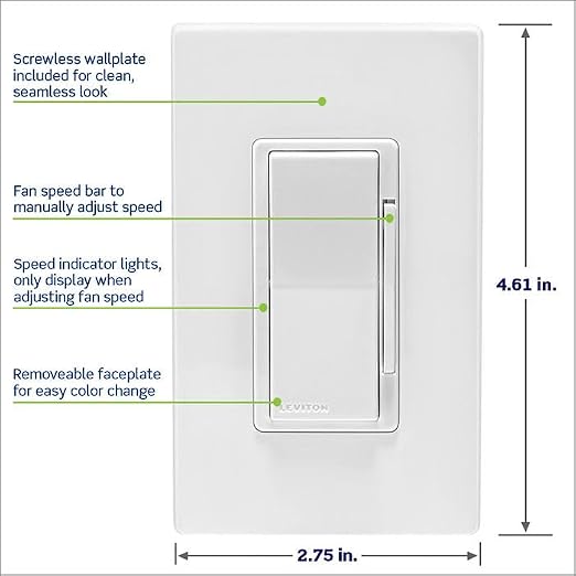 Leviton Decora Smart Fan Speed Controller,Wi-Fi 2nd Gen,Neutral Wire Required,Works with My Leviton,Alexa,Google Assistant,Apple Home/Siri&Wired or Wire-Free 3-Way,D24SF-1RW,White (Pack of 2)