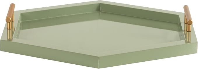 Kate and Laurel Halsey Decorative Hexagon Tray with Gold Metal Handles; 18 x 16; Green and Gold; Modern Glam Serving Tray with Handles for Living Room Decor