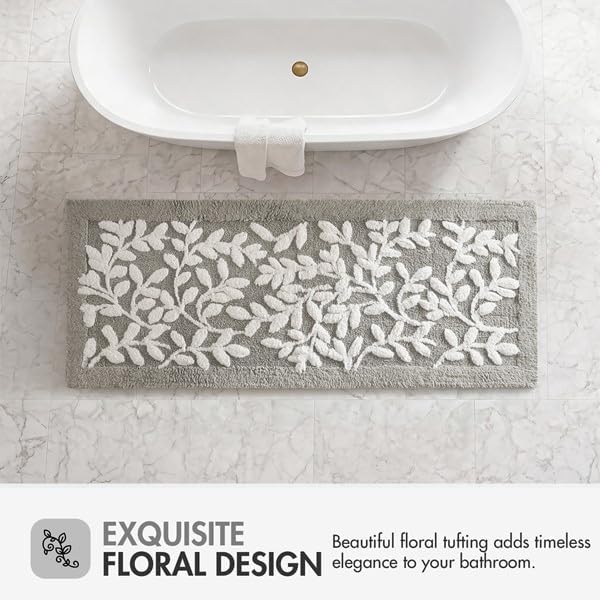 Madison Park Serene Tufted Bath Rug Cotton Absorbent, 24 x 60, Grey | Quick Dry, Soft Pile, Machine Washable, Floral Pattern, Plush, OEKO-TEX Certified