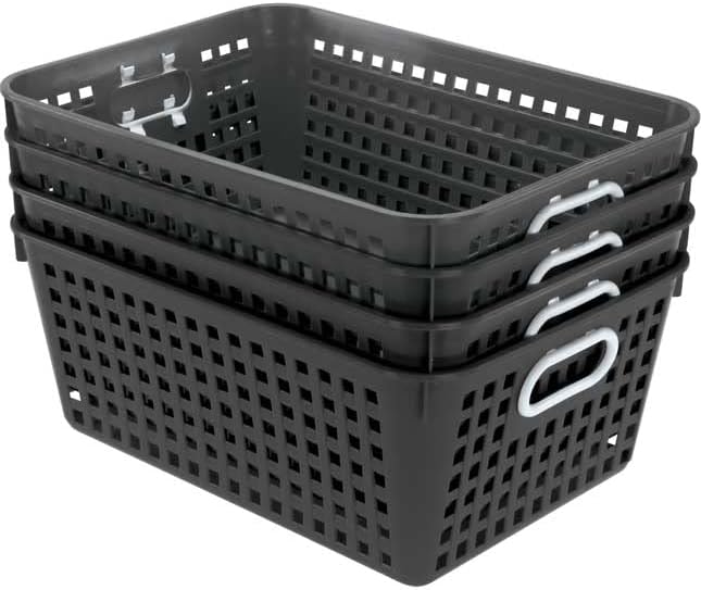 Really Good Stuff Large Black Book Baskets, 13.25" x 10" x 5.5", 4-Pack | Ages 4+, PreK+, Durable Plastic, Classroom Library Organizers, Storage, Multi-Purpose