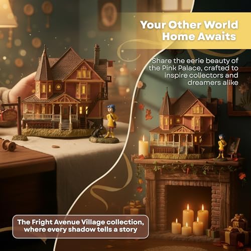 Department 56 Coraline Pink Palace Apartments Village Set – Lighted Building with Figurines for Halloween Village Display, Coraline Decorations, and Movie Collectible Fans