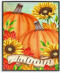 Pumpkins Sunflowers Red Leaves Harvest, 11 x 14 Inch Framed Giclée Print by StupellIndustries