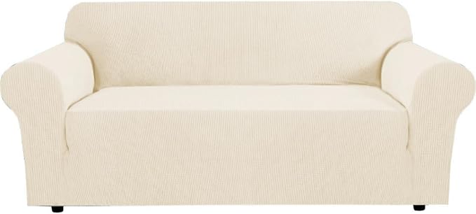 H.VERSAILTEX Stretch Couch Covers for Sofa 1 Piece Slipcovers for Couches and Sofas 3 Seater Couch Cover Feature Thick Checked Jacquard Fabric with Elastic Bottom, 72"-88" Wide, Cream