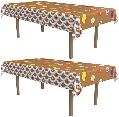 Beistle Gingerbread House Tablecovers, 54” x 108”, 2 Pieces – Plastic Table Cloth, Rectangular Tablecloth, Table Covers for Party, Gingerbread Party Supplies, Christmas Decorations by Beistle