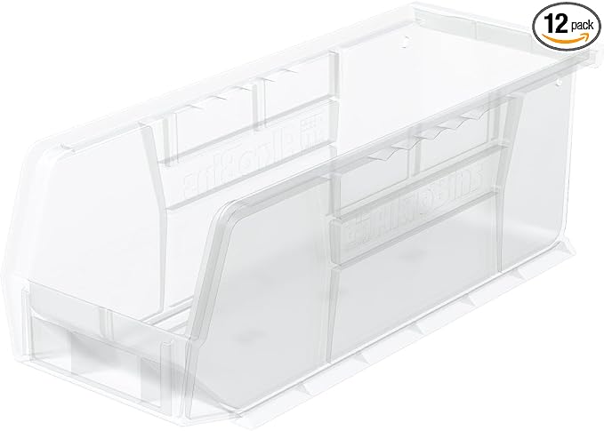 Akro-Mils 30224 AkroBins Plastic Storage Bins, 11"x 4"x 4", Clear, 12-Pack | Space-Saving Stackable Bins for Garage, Pantry, Craft Organization