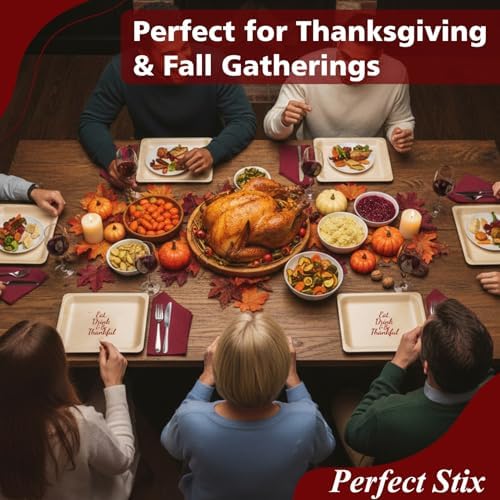 Perfect Stix Thanksgiving Plates and Napkins Set – 25 Large 10-Inch & 25 Small 7-Inch Eco-Friendly Wooden Plates with 50 Burgundy 2-Ply Dinner Napkins –Thanksgiving & Friendsgiving Gatherings - Image 7