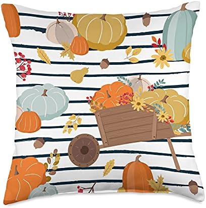 Pumpkins Fall Halloween Thanksgiving Autumn Navy Stripes Throw Pillow by Unknown