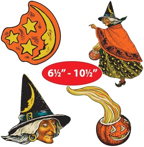Beistle Vintage Halloween Cutouts, 12 Count, Retro-Inspired Witches and Moons, Classic Wall and Window Decorations for Haunted House and Party Displays, 6.5” - 10.5”