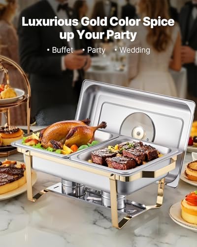 VEVOR Chafing Dish Buffet Set,8 Qt 2 Pack, Stainless Steel Chafer with 4 Half Size Pans, Rectangle Catering Warmer Server with Glass Lid Water Pan Folding Stand Fuel Holder, for Wedding Party Banquet - Image 2