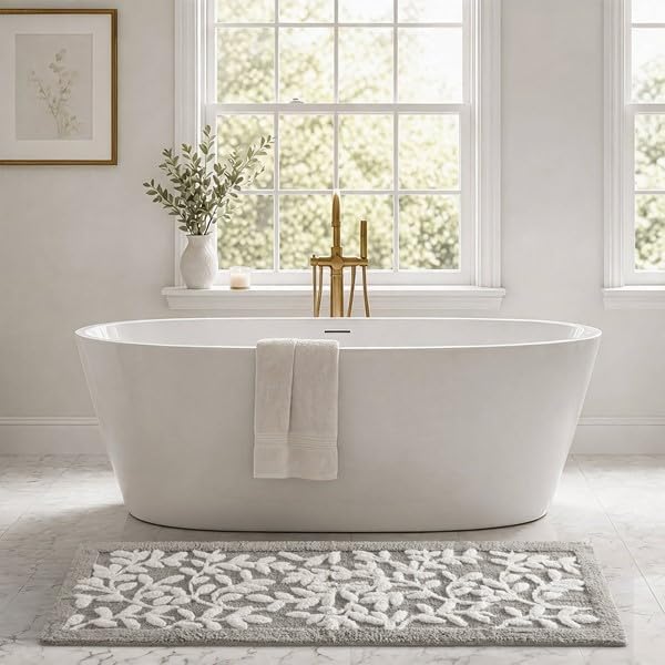 Madison Park Serene Tufted Bath Rug Cotton Absorbent, 24 x 60, Grey | Quick Dry, Soft Pile, Machine Washable, Floral Pattern, Plush, OEKO-TEX Certified