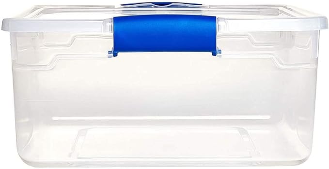 HOMZ Clear Plastic Storage Bins with Latching Lid, 15.5 Qt, Blue, 4 Pack | Stackable Container Set for Home, Office Shelves, Kitchen, Garage, and Bathroom Organization