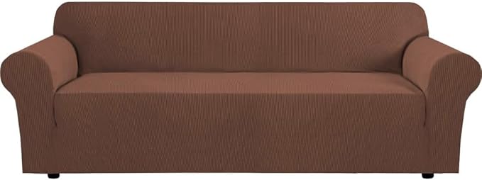 H.VERSAILTEX Stretch Couch Covers for Sofa 1 Piece Slipcovers for Couches and Sofas 3 Seater Couch Cover Feature Thick Checked Jacquard Fabric with Elastic Bottom(Large Sofa 90"-100" Wide, Caramel)