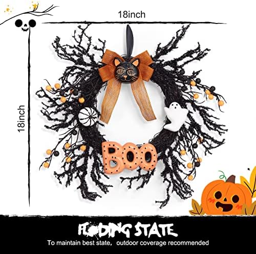 Takywep 18 Inch Halloween Wreath with Black Cat Ghost Pumpkin and Boo Sign, Spooky Halloween Door Decoration for Front Door Porch Wall Mantel Indoor Outdoor Party - Image 5