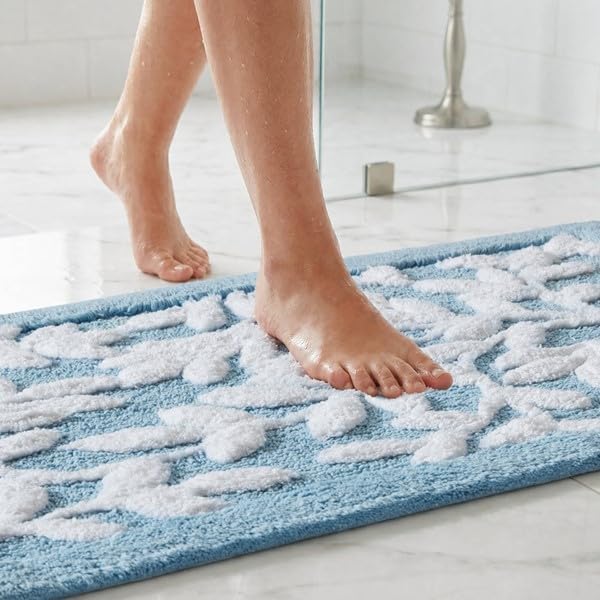 Madison Park Serene Tufted Bath Rug Cotton Absorbent, 24 x 60, Blue | Quick Dry, Soft Pile, Machine Washable, Floral Pattern, Plush, OEKO-TEX Certified