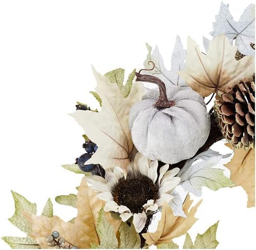 Admired By Nature 24 Inch Artificial Pumpkin Sunflower Fall Wreath Wall Door Farmhouse Decor For Home Office Thanksgiving Harvest Wreaths For Front Door Cemetery Wreaths Indoor Outdoor, Rustic White - Image 6