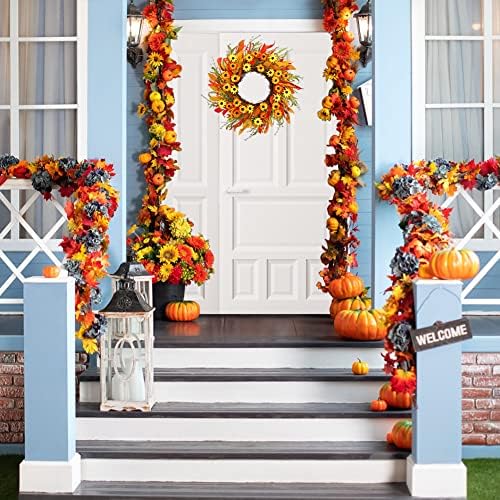 20" Artificial Fall Wreath for Front Door Orange Daisy Autumn Wreath with Colorful Wildflowers and Autumn Foliage Farmhouse Fall Door Wreath for Harvest Thanksgiving Fall Decorations - Image 3