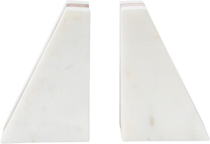 Main + Mesa Marble Geometric Bookends with Wood Inlay, White