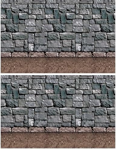 Beistle Stone & Dirt Floor Wall Backdrops, 4’ x 30’, Pack of 2 – Medieval Party Decorations, Medieval Decor Background, Easy to Adhere Wall Covering, Stone Backdrop, Halloween Party Decorations