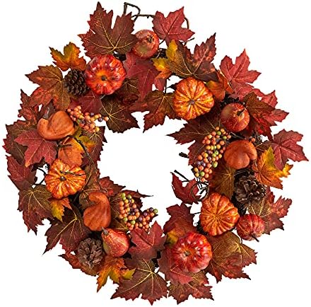 Nearly Natural 24 in Autumn Maple Leaves, Pumpkins, and Berries Fall Wreath by NearlyNatural