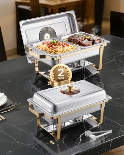 VEVOR Chafing Dish Buffet Set,8 Qt 2 Pack, Stainless Steel Chafer with 4 Half Size Pans, Rectangle Catering Warmer Server with Glass Lid Water Pan Folding Stand Fuel Holder, for Wedding Party Banquet by VEVOR