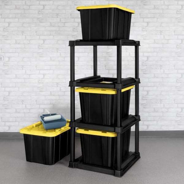 Sterilite 4-Tier Tote Rack with 4-Pack 27 Gallon Industrial Storage Totes | Shelving Unit and Heavy-Duty and Stackable Utility Box Containers for Home, Office, and Basement Organization, Black/Yellow