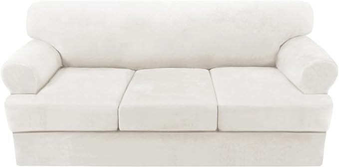 H.VERSAILTEX Sofa Cover 4 Piece T Cushion Sofa Slipcovers Thick Velvet Couch Cover Stretch T Cushion Sofa Covers for 3 Cushion Couch with 3 Individual T Cushion Covers, Porcelain White