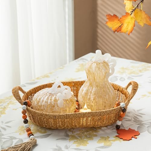 Glitzhome Fall Glass Pumpkin Decor Hand Blown Glass Pumpkin Table Top Home Decor for Fall Harvest & Thanksgiving Decorating, 5" H, Amber