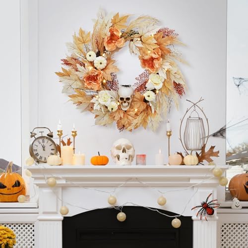 Takywep Pre-Lit 22 Inch Halloween Wreath for Front Door with 20 LED Lights, Skull Wreath with White Pumpkins Maple Leaves, Halloween Fall Thanksgiving Decor for Indoor Outdoor - Image 2