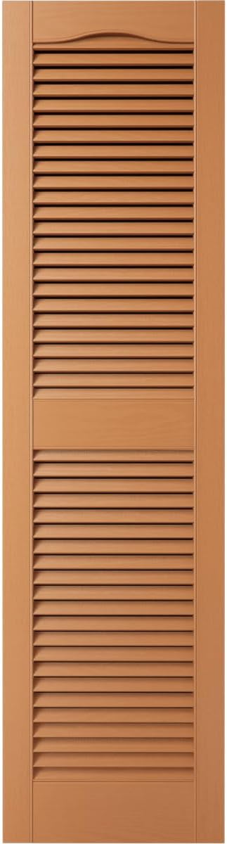 12"W x 72"H Lifetime Vinyl, Standard Cathedral Top Center Mullion, Open Louver Shutters, w/Installation Shutter-Lok's & Matching Screws (Per Pair), Treated Cedar