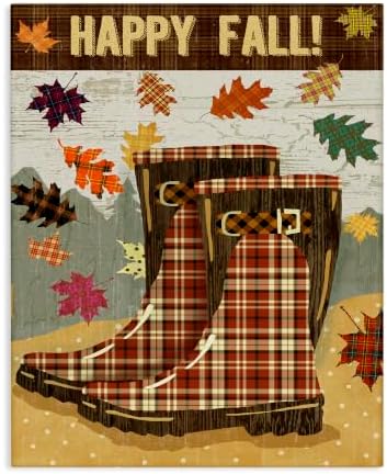 Happy Fall Plaid Boots and Foliage Rustic, 30 x 40 Inch Canvas Wall Art by StupellIndustries