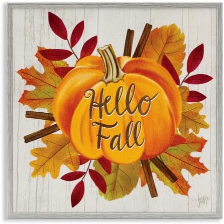 Hello Fall Pumpkin Autumn Tree Leaves, 12 x 12 Inch Framed Giclée Print by StupellIndustries
